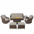 Luxurious 7 Piece Patio Furniture Set with Fire Pit Table, High Back Wicker Swivel Rocker Glider Outdoor Chairs with 6" Cushion, All-Weather Patio Conversation Set for Yard Garden - Brown/Beige