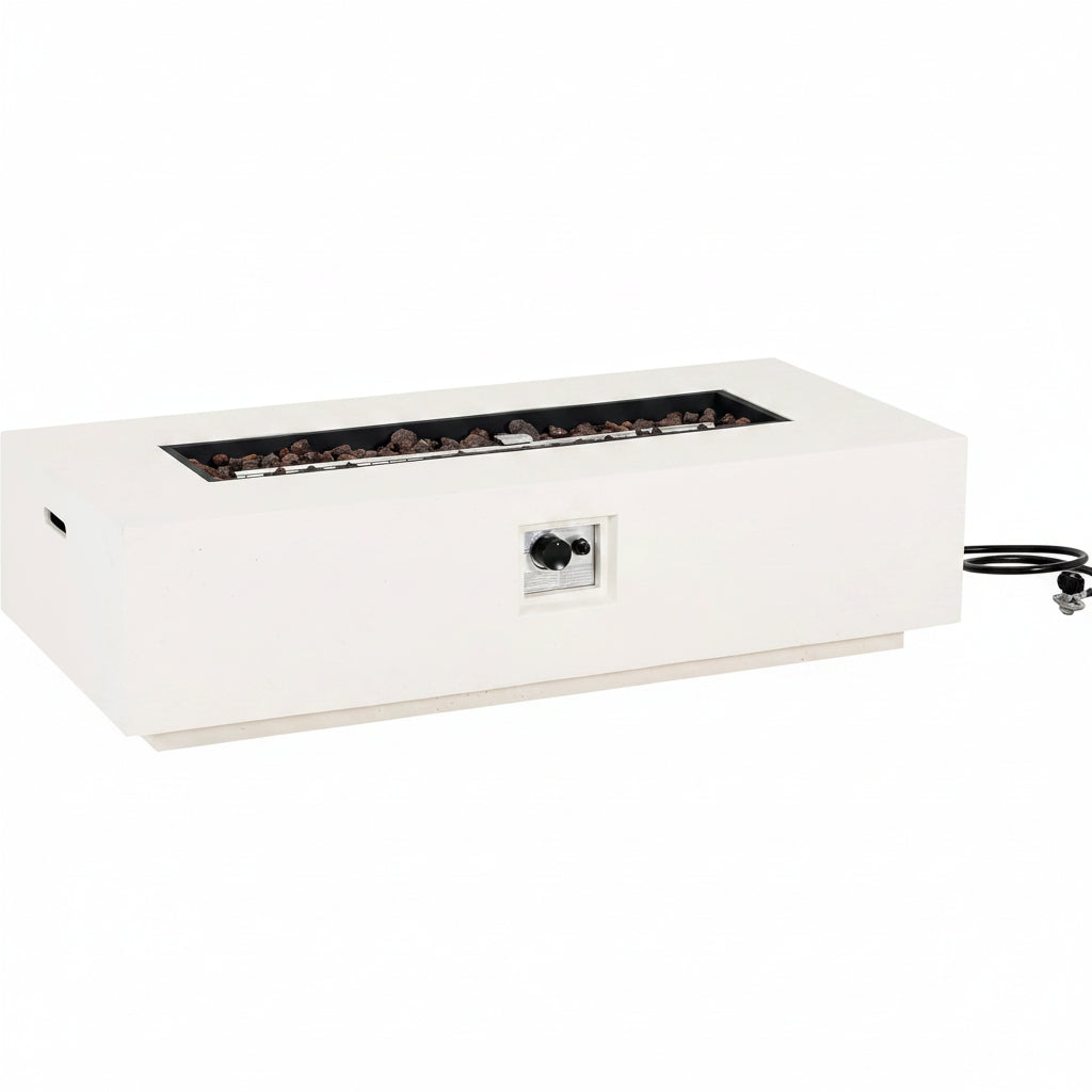 Aidan Lightweight Concrete Outdoor Propane Fire Pit Table, 50,000 BTU Rectangular Fire Table for Patio Furniture Set (No Tank Holder), Fully Assembled Patio Fire Pit, White