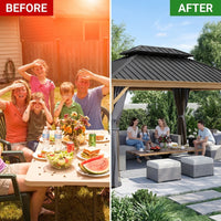 12 Ft. X 16 Ft. Double Roof Hardtop Wood Grain Aluminum Patio Gazebo with Netting and Gray Curtains — Before & After