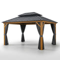 Patio Gazebo Built for Year-Round Use, 12x16 Hardtop, Wood Grain Aluminum, Netting and Curtains