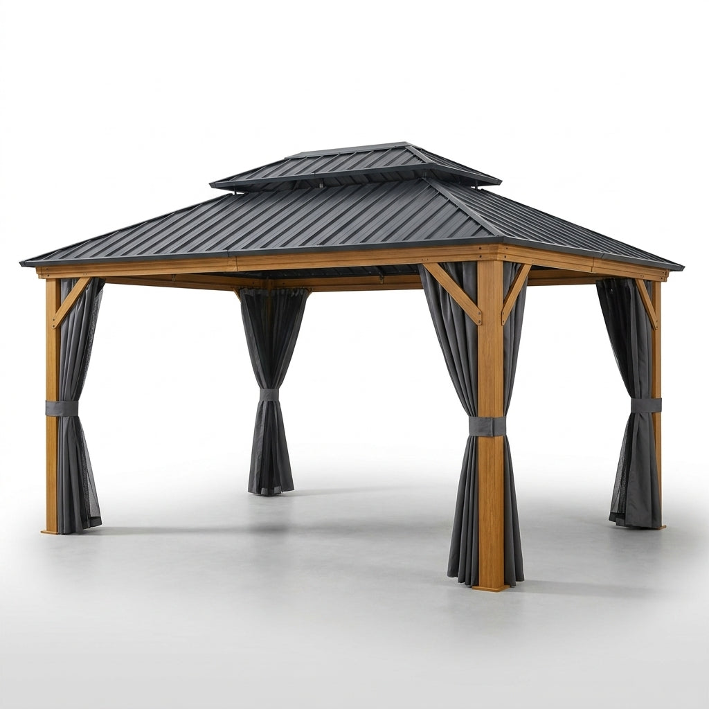 12 Ft. X 16 Ft. Double Roof Hardtop Wood Grain Aluminum Patio Gazebo with Netting and Gray Curtains — Studio Shot