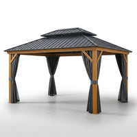 12 Ft. X 16 Ft. Double Roof Hardtop Wood Grain Aluminum Patio Gazebo with Netting and Gray Curtains — Studio Shot