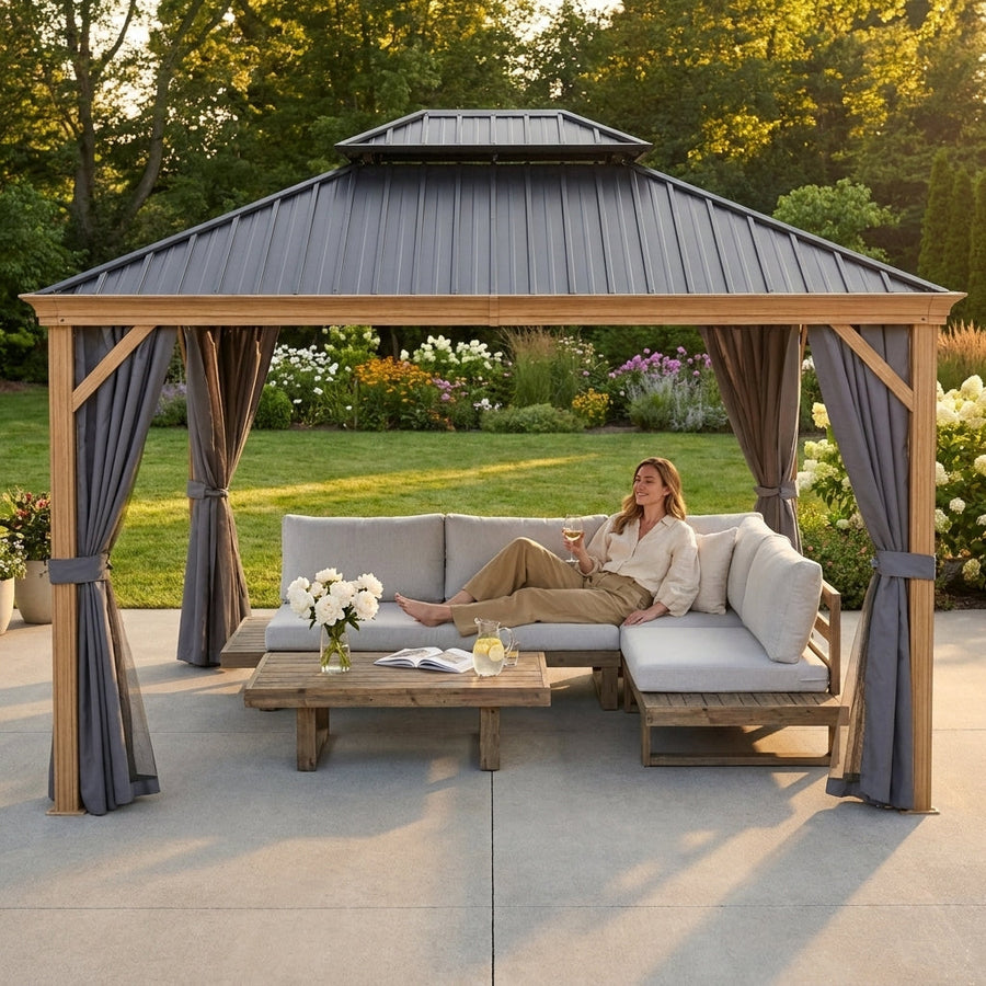 12 Ft. X 16 Ft. Double Roof Hardtop Wood Grain Aluminum Patio Gazebo with Netting and Gray Curtains — Lifestyle