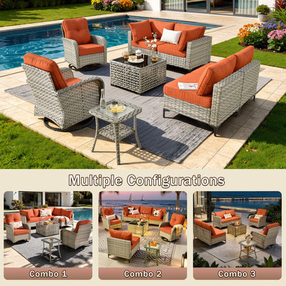 Outdoor Patio Furniture Sets 8 Pieces Sectional Sofa Wicker Conversation Set with Swivel Glider Chairs and Solar Powered Coffee Table for Porch, Deck, Orange Red