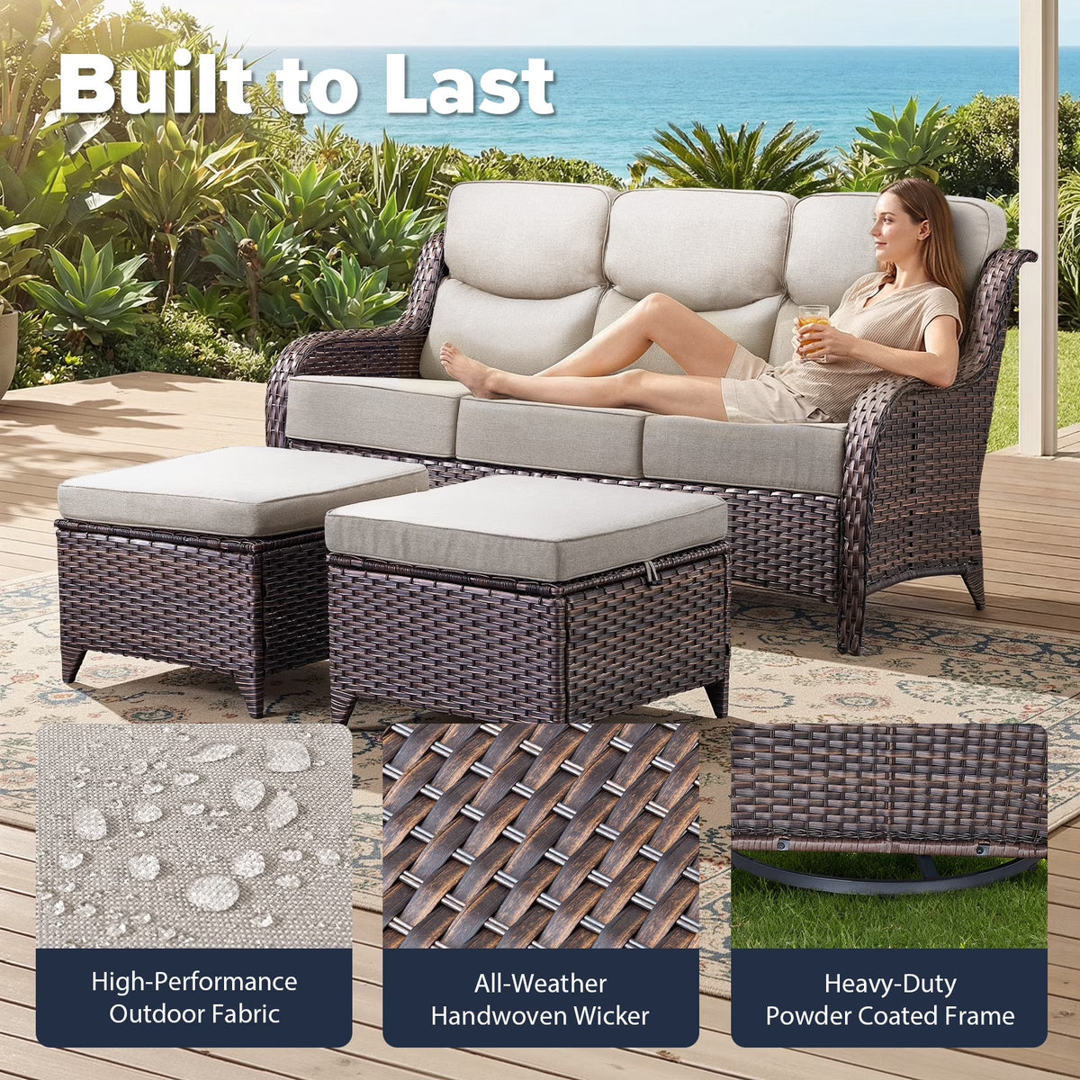 6 Pieces Outdoor Patio Furniture Set with Swivel Rocker Chairs and 6" Thick Cushions,Wicker Conversation Set with Sectional Sofa Coffee Table for Porch Deck Backyard Poolside