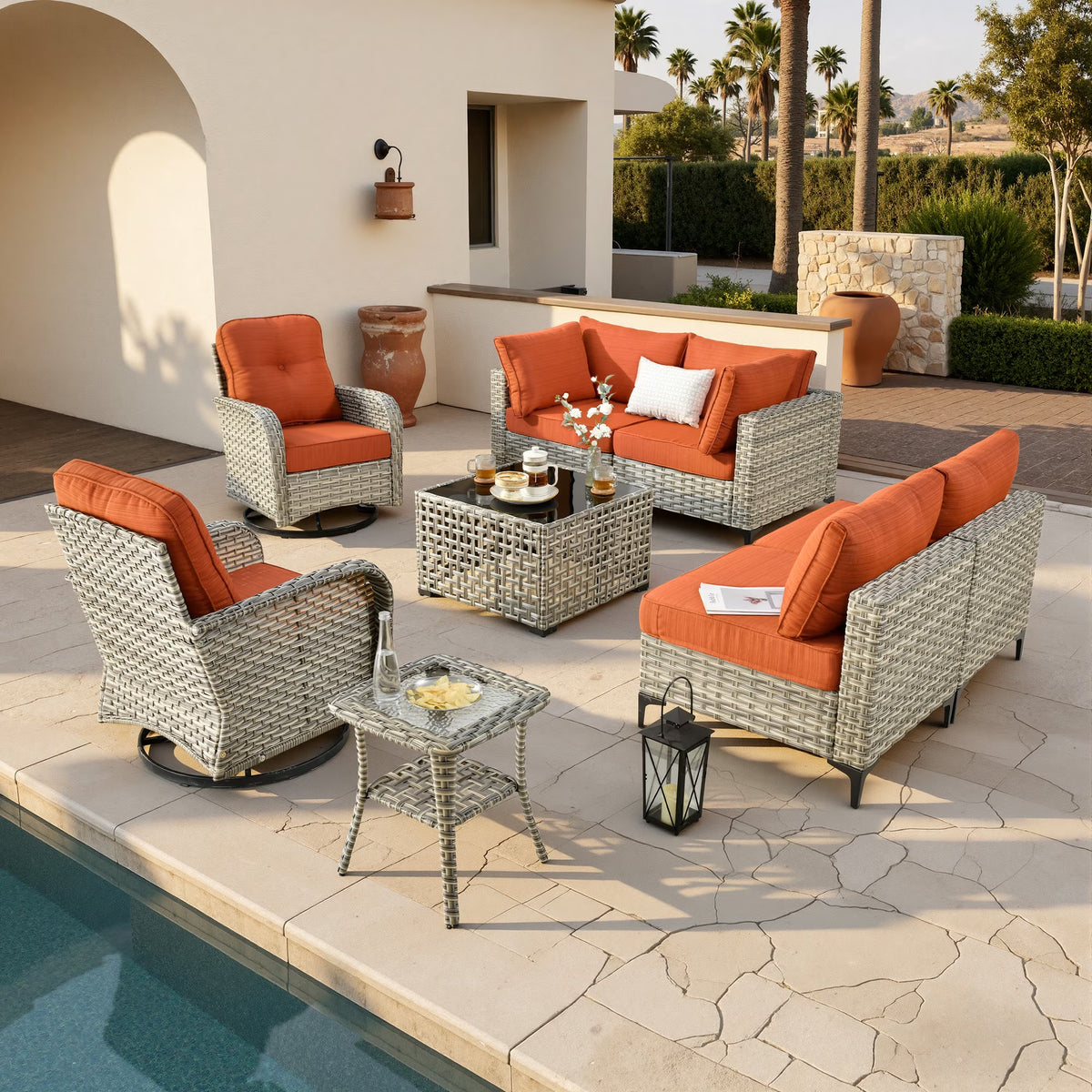 Outdoor Patio Furniture Sets 8 Pieces Sectional Sofa Wicker Conversation Set with Swivel Glider Chairs and Solar Powered Coffee Table for Porch, Deck, Orange Red