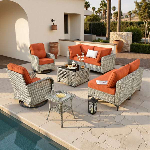 Outdoor Patio Furniture Sets 8 Pieces Sectional Sofa Wicker Conversation Set with Swivel Glider Chairs and Solar Powered Coffee Table for Porch, Deck, Orange Red