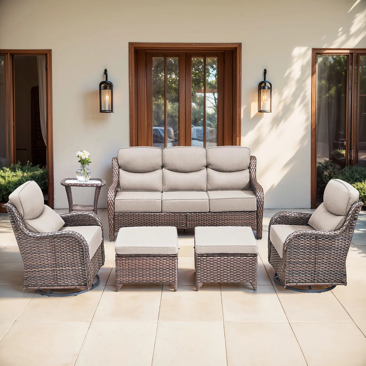 6 Pieces Outdoor Patio Furniture Set with Swivel Rocker Chairs and 6" Thick Cushions,Wicker Conversation Set with Sectional Sofa Coffee Table for Porch Deck Backyard Poolside