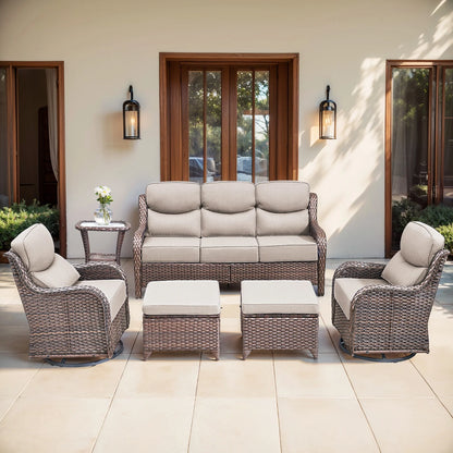 6 Pieces Outdoor Patio Furniture Set with Swivel Rocker Chairs and 6" Thick Cushions,Wicker Conversation Set with Sectional Sofa Coffee Table for Porch Deck Backyard Poolside