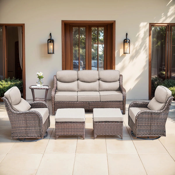 6 Pieces Outdoor Patio Furniture Set with Swivel Rocker Chairs and 6" Thick Cushions,Wicker Conversation Set with Sectional Sofa Coffee Table for Porch Deck Backyard Poolside