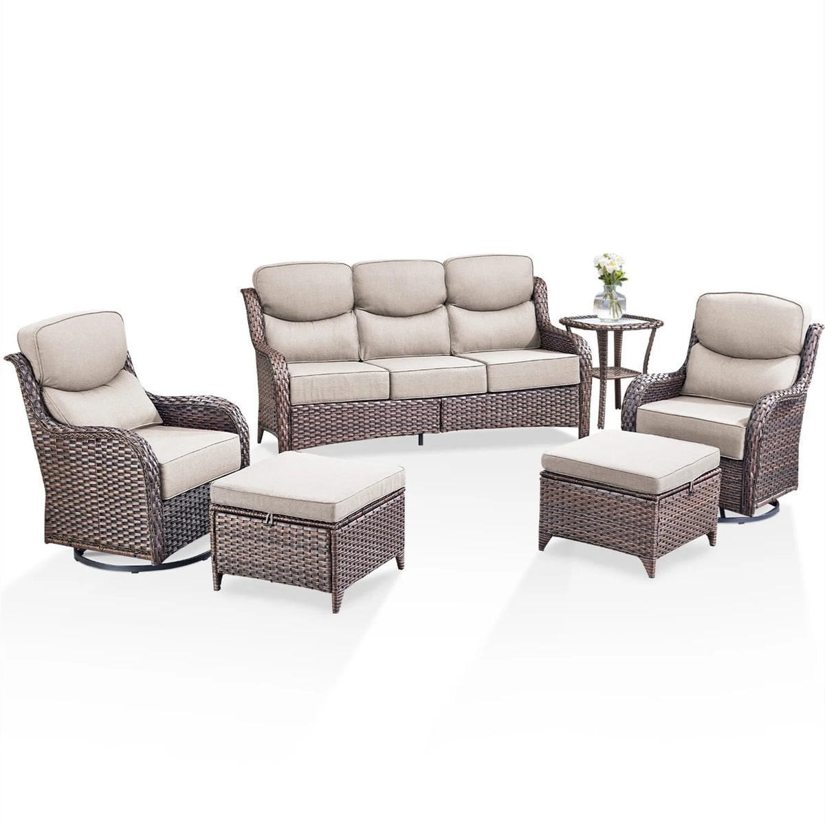 6 Pieces Outdoor Patio Furniture Set with Swivel Rocker Chairs and 6" Thick Cushions,Wicker Conversation Set with Sectional Sofa Coffee Table for Porch Deck Backyard Poolside