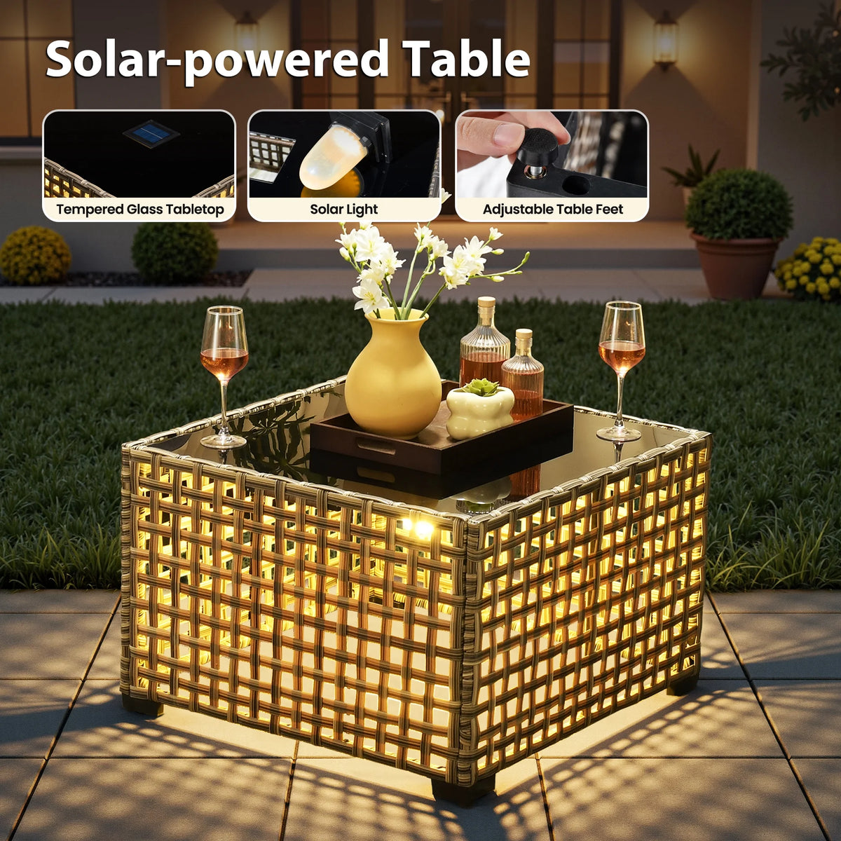 Outdoor Patio Furniture Sets 8 Pieces Sectional Sofa Wicker Conversation Set with Swivel Glider Chairs and Solar Powered Coffee Table for Porch, Deck, Orange Red