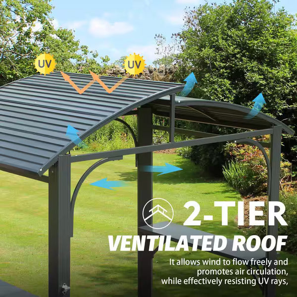 8 Ft. X 5 Ft. Arc Roof Gray Outdoor Grill Fixed Gazebos BBQ Gazebo Grill Tent for Patio Garden Backyard