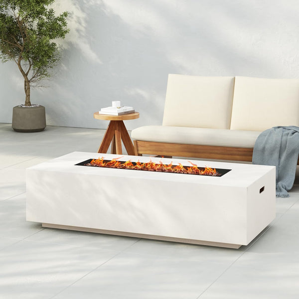 Aidan Lightweight Concrete Outdoor Propane Fire Pit Table, 50,000 BTU Rectangular Fire Table for Patio Furniture Set (No Tank Holder), Fully Assembled Patio Fire Pit, White