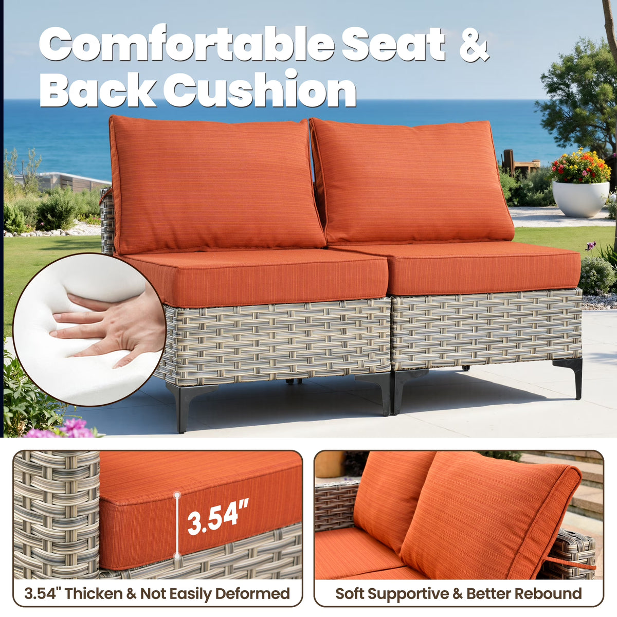 Outdoor Patio Furniture Sets 8 Pieces Sectional Sofa Wicker Conversation Set with Swivel Glider Chairs and Solar Powered Coffee Table for Porch, Deck, Orange Red