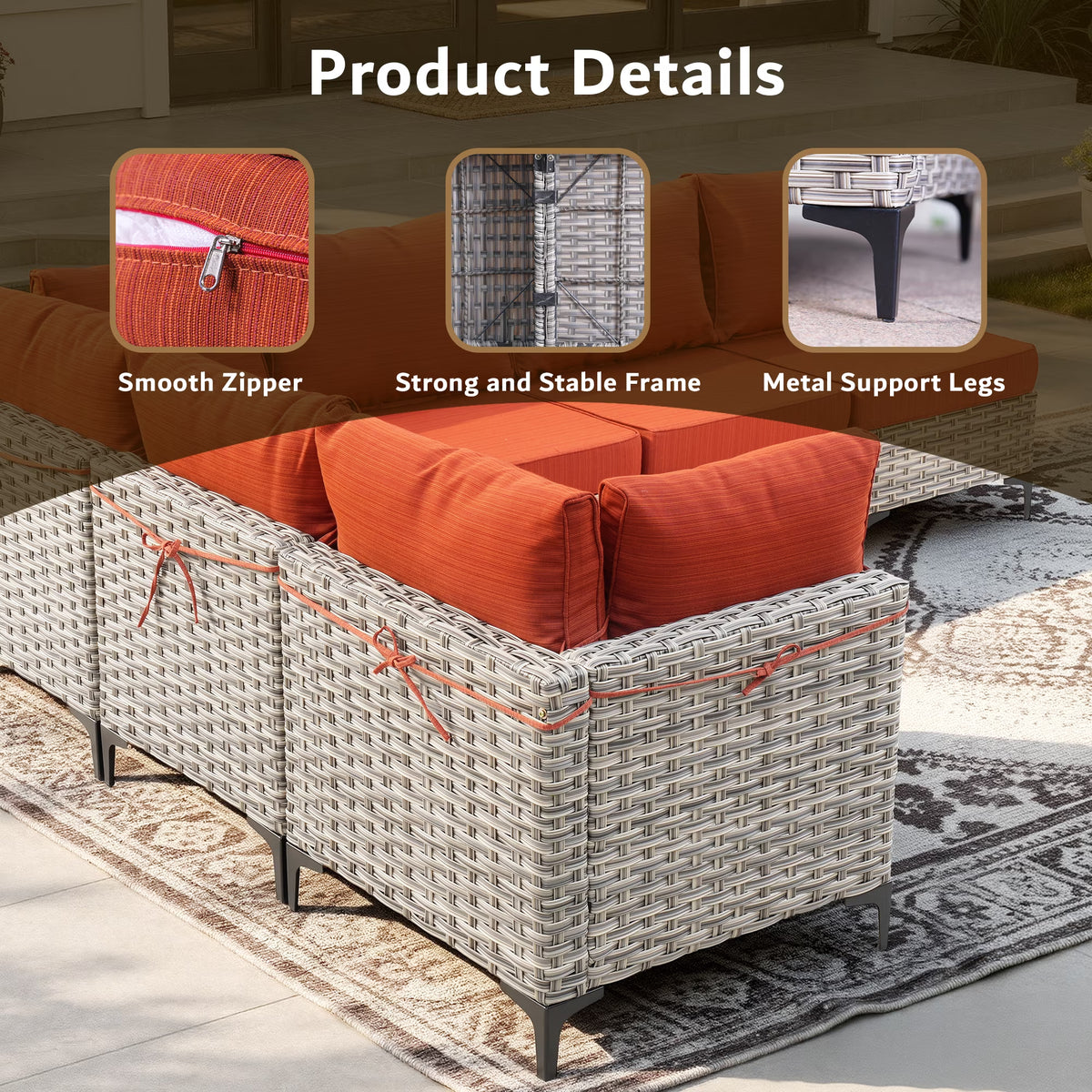 Outdoor Patio Furniture Sets 8 Pieces Sectional Sofa Wicker Conversation Set with Swivel Glider Chairs and Solar Powered Coffee Table for Porch, Deck, Orange Red