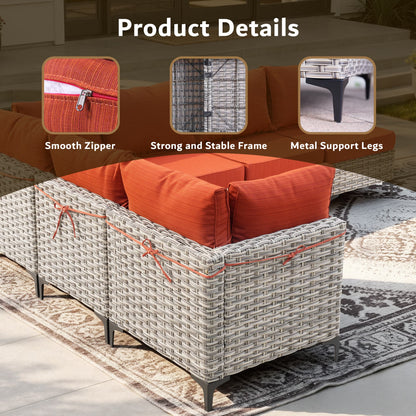 Outdoor Patio Furniture Sets 8 Pieces Sectional Sofa Wicker Conversation Set with Swivel Glider Chairs and Solar Powered Coffee Table for Porch, Deck, Orange Red