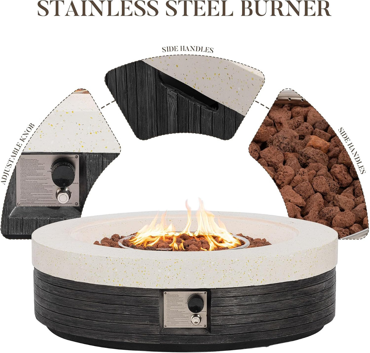 42" Outdoor Propane Fire Pit Table round Gas Fire Pit Table with Concrete & Wood Grain Design, 50000BTU Electronic Ignition Fire Tables for Patio, Backyard, Garden Heating