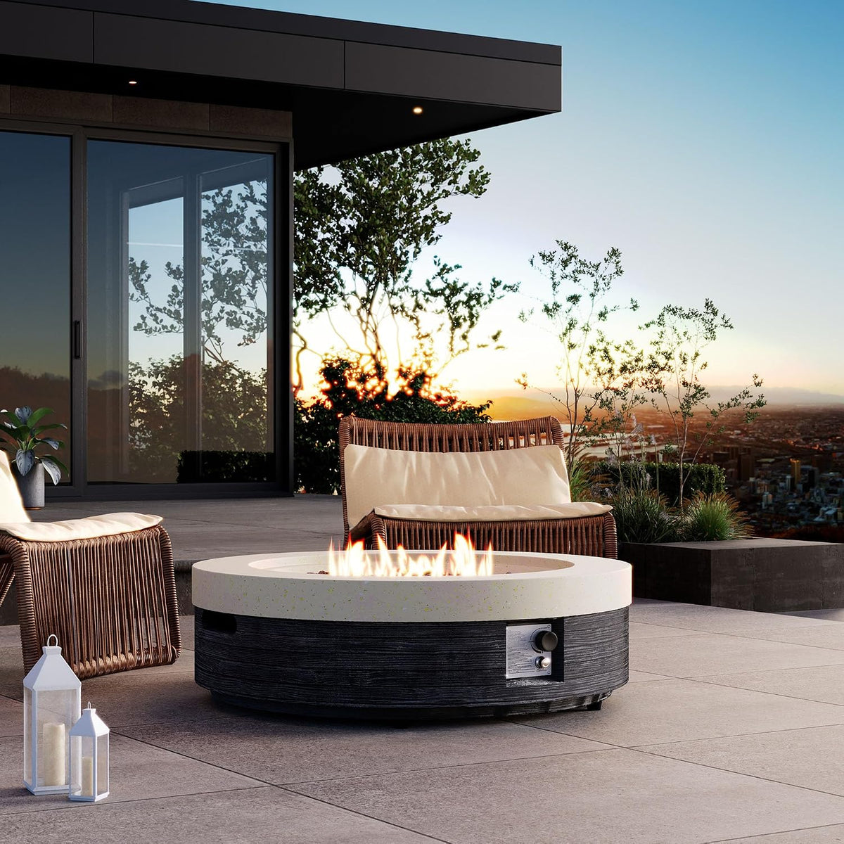 42" Outdoor Propane Fire Pit Table round Gas Fire Pit Table with Concrete & Wood Grain Design, 50000BTU Electronic Ignition Fire Tables for Patio, Backyard, Garden Heating