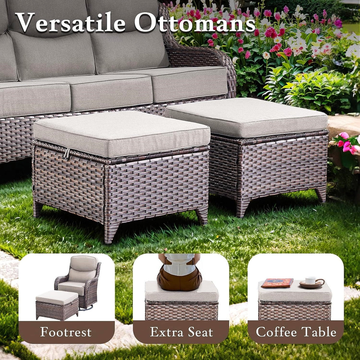 6 Pieces Outdoor Patio Furniture Set with Swivel Rocker Chairs and 6" Thick Cushions,Wicker Conversation Set with Sectional Sofa Coffee Table for Porch Deck Backyard Poolside