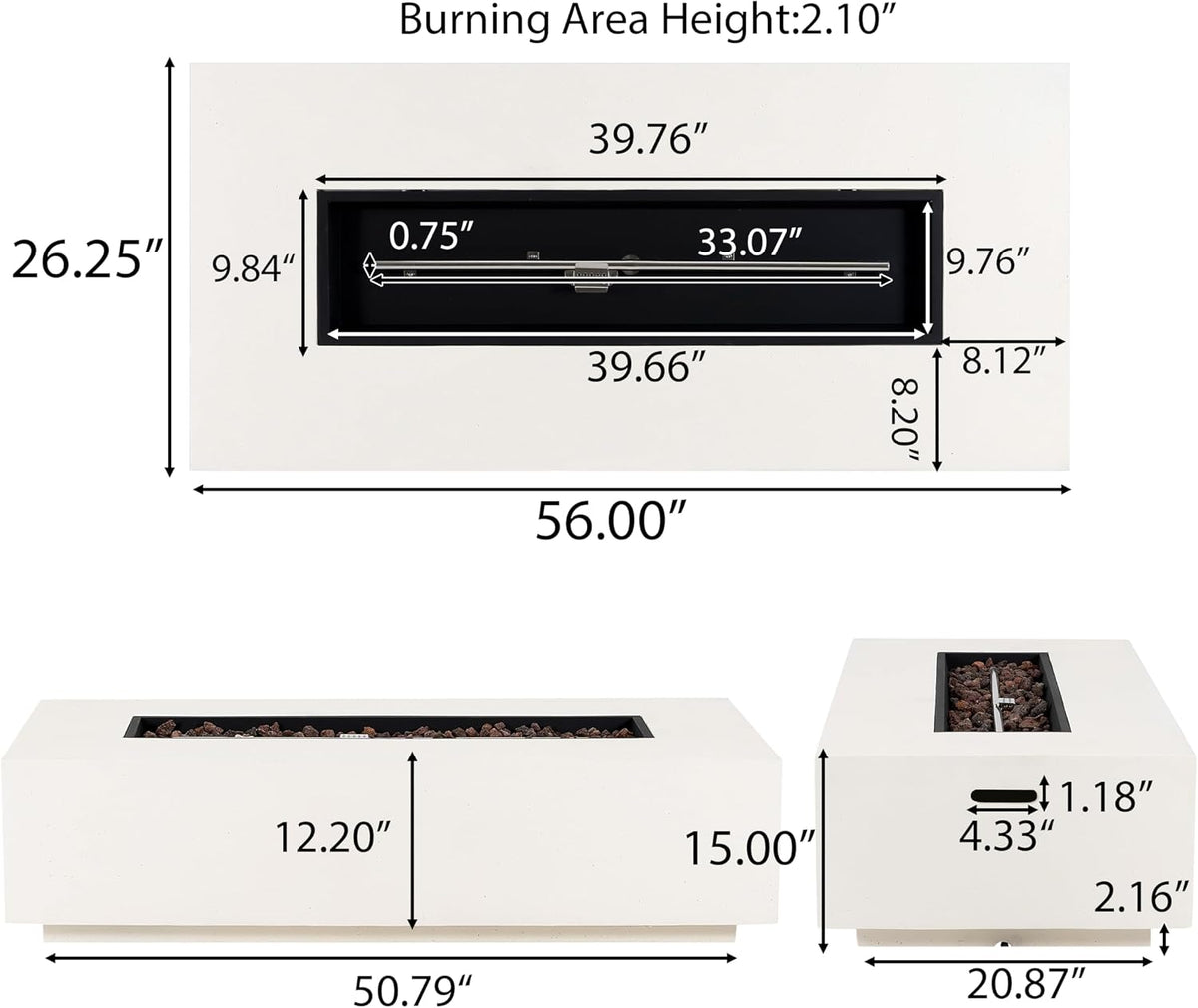 Aidan Lightweight Concrete Outdoor Propane Fire Pit Table, 50,000 BTU Rectangular Fire Table for Patio Furniture Set (No Tank Holder), Fully Assembled Patio Fire Pit, White