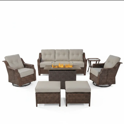 Luxurious 7 Piece Patio Furniture Set with Fire Pit Table, High Back Wicker Swivel Rocker Glider Outdoor Chairs with 6" Cushion, All-Weather Patio Conversation Set for Yard Garden - Brown/Beige