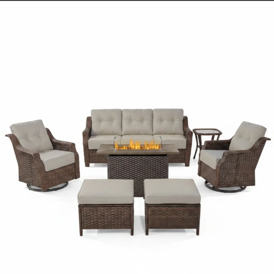Luxurious 7 Piece Patio Furniture Set with Fire Pit Table, High Back Wicker Swivel Rocker Glider Outdoor Chairs with 6" Cushion, All-Weather Patio Conversation Set for Yard Garden - Brown/Beige