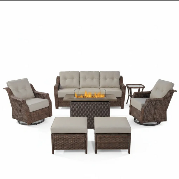 Luxurious 7 Piece Patio Furniture Set with Fire Pit Table, High Back Wicker Swivel Rocker Glider Outdoor Chairs with 6" Cushion, All-Weather Patio Conversation Set for Yard Garden - Brown/Beige