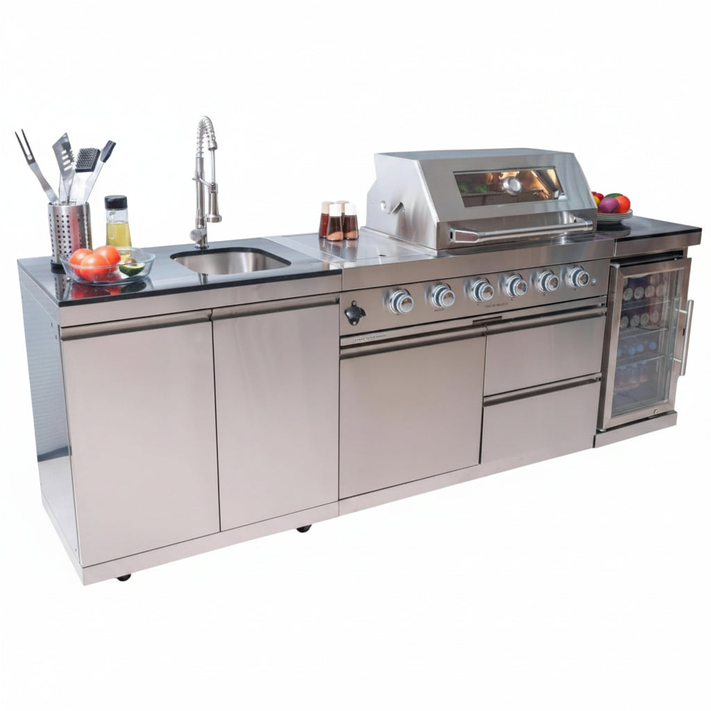 BBQ Island Outdoor Kitchen Kits, 4-Burner 72000 BTU Stainless Steel Modular 98 Inch Natural Gas Outdoor Kitchen Bar Barbecue Island Grill with Refrigerator and Sink for Patio Backyard