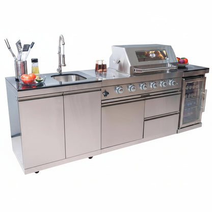 BBQ Island Outdoor Kitchen Kits, 4-Burner 72000 BTU Stainless Steel Modular 98 Inch Natural Gas Outdoor Kitchen Bar Barbecue Island Grill with Refrigerator and Sink for Patio Backyard