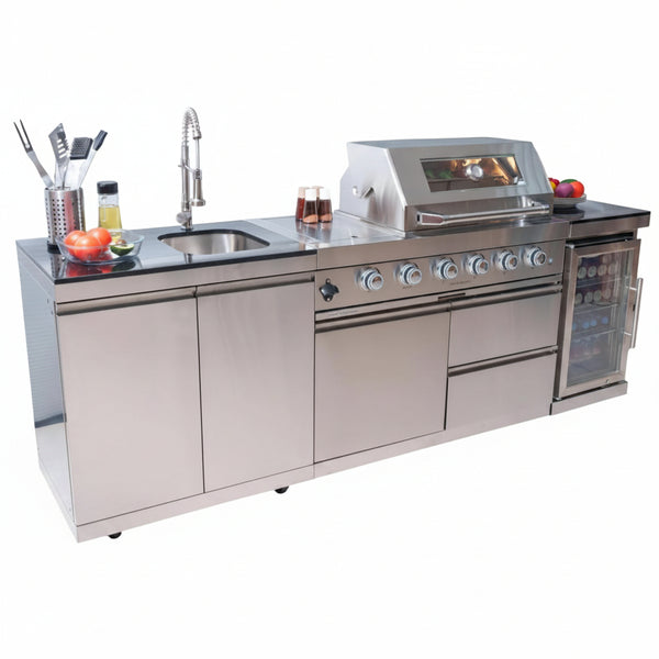 BBQ Island Outdoor Kitchen Kits, 4-Burner 72000 BTU Stainless Steel Modular 98 Inch Natural Gas Outdoor Kitchen Bar Barbecue Island Grill with Refrigerator and Sink for Patio Backyard
