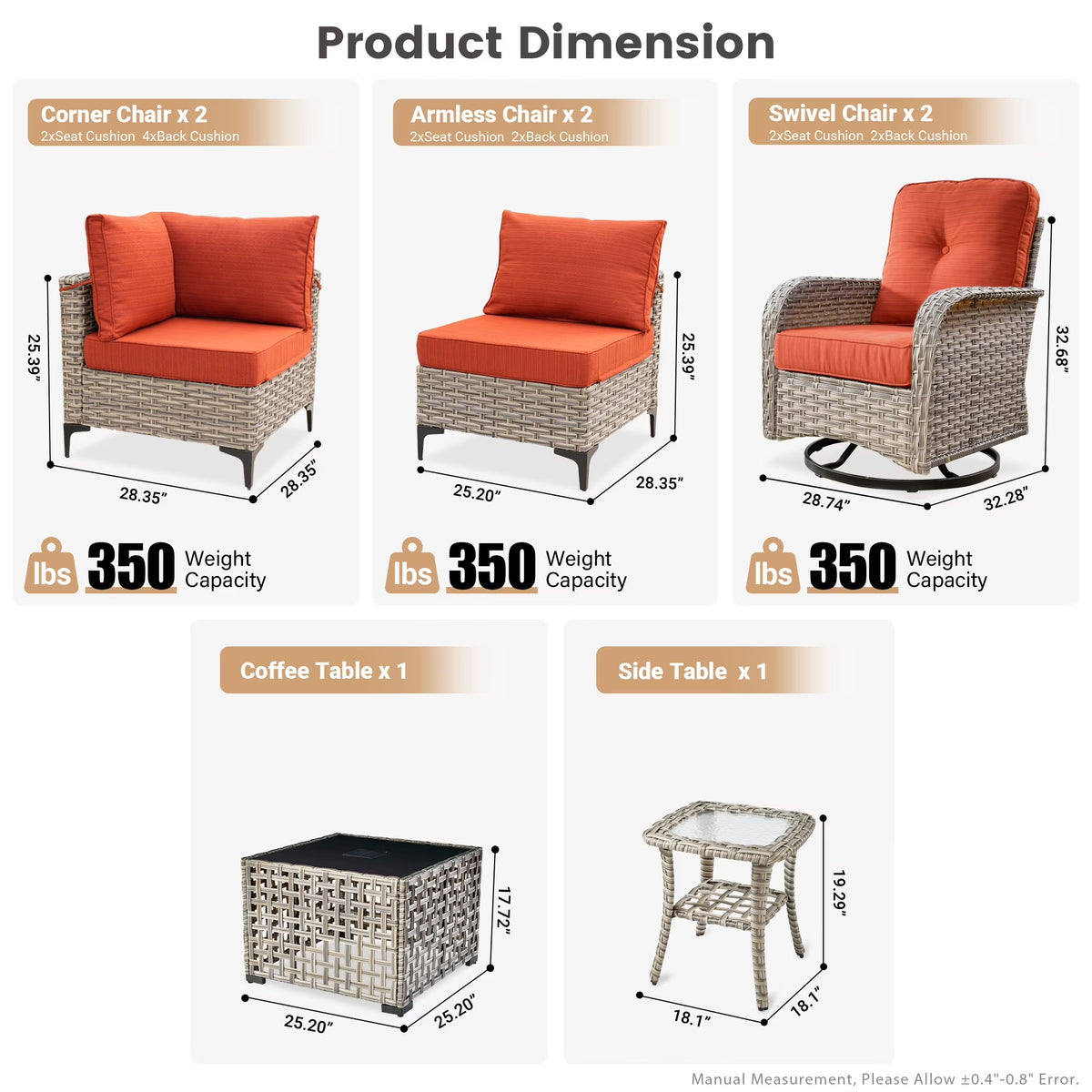 Outdoor Patio Furniture Sets 8 Pieces Sectional Sofa Wicker Conversation Set with Swivel Glider Chairs and Solar Powered Coffee Table for Porch, Deck, Orange Red