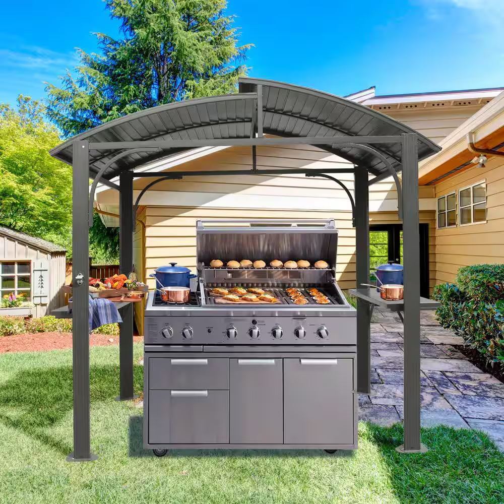 8 Ft. X 5 Ft. Arc Roof Gray Outdoor Grill Fixed Gazebos BBQ Gazebo Grill Tent for Patio Garden Backyard