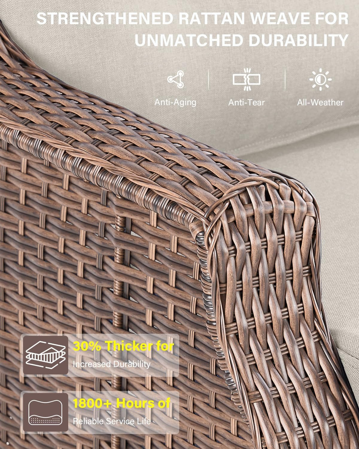 Luxurious 7 Piece Patio Furniture Set with Fire Pit Table, High Back Wicker Swivel Rocker Glider Outdoor Chairs with 6" Cushion, All-Weather Patio Conversation Set for Yard Garden - Brown/Beige