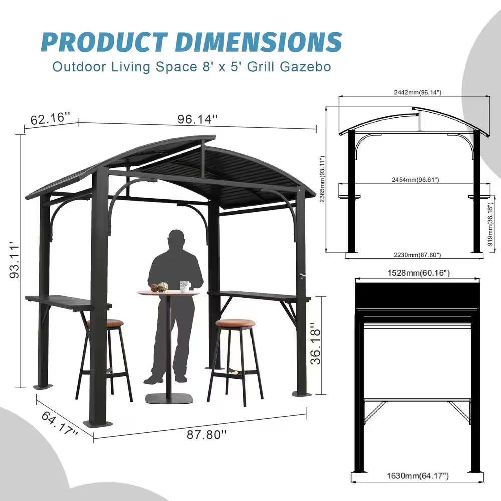 8 Ft. X 5 Ft. Arc Roof Gray Outdoor Grill Fixed Gazebos BBQ Gazebo Grill Tent for Patio Garden Backyard