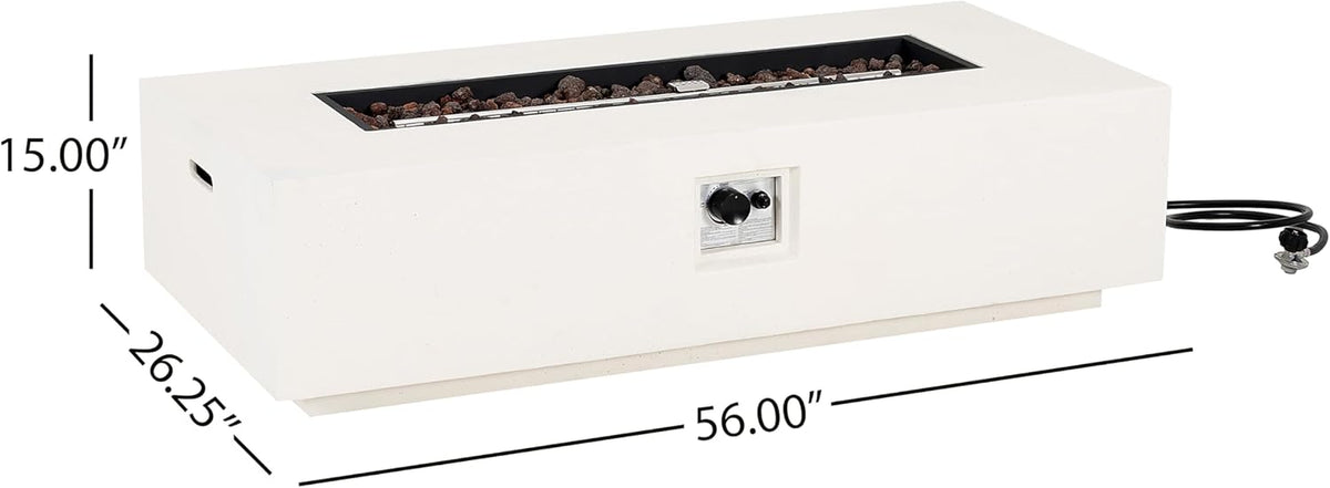 Aidan Lightweight Concrete Outdoor Propane Fire Pit Table, 50,000 BTU Rectangular Fire Table for Patio Furniture Set (No Tank Holder), Fully Assembled Patio Fire Pit, White