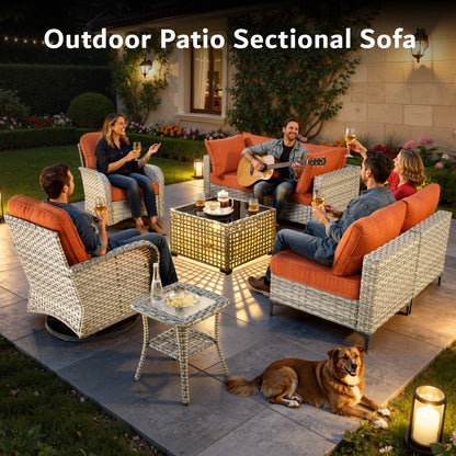 Outdoor Patio Furniture Sets 8 Pieces Sectional Sofa Wicker Conversation Set with Swivel Glider Chairs and Solar Powered Coffee Table for Porch, Deck, Orange Red