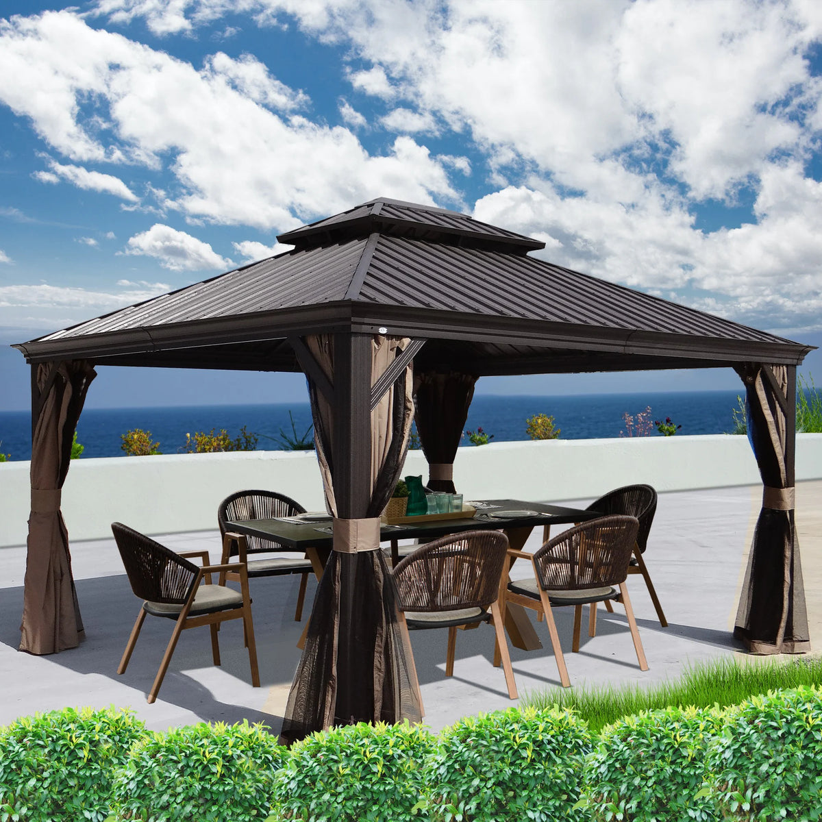 12-Ft X 14-Ft Alexander Dark Brown Gazebo with Hardtop Roof (Screen Included)