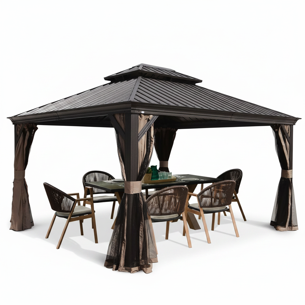 12-Ft X 14-Ft Alexander Dark Brown Gazebo with Hardtop Roof (Screen Included)